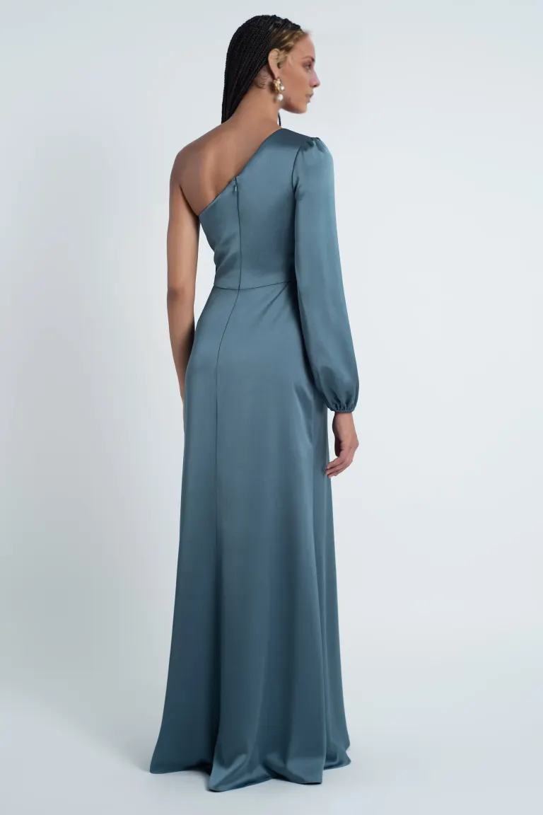 Jimiss asymmetrical neckline off shoulder long sleeved backless side slit and floor length Prom dress